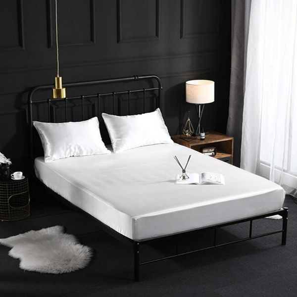 

sheets & sets luxury white bed bedspread satin fitted sheet high-end solid color mattress cover double queen size elastic band
