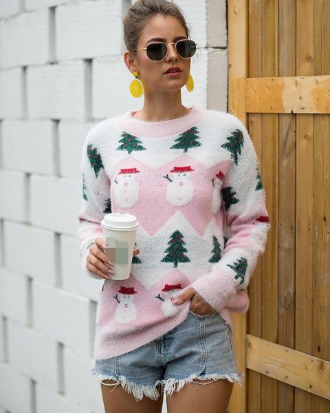 

women's sweaters women knit sweater, adults christmas tree & snowman pattern long sleeve round neck pullover fall clothes for korean st, White;black