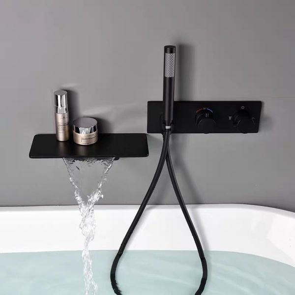 

luxury bathroom concealed thermostatic bathtub waterfall faucet set black brass wall mounted square shower sets
