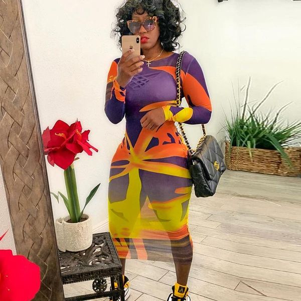 

casual dresses sheer see through mesh dress women fall floral print bodycon midi long sleeve elegant night club party vestidos, Black;gray