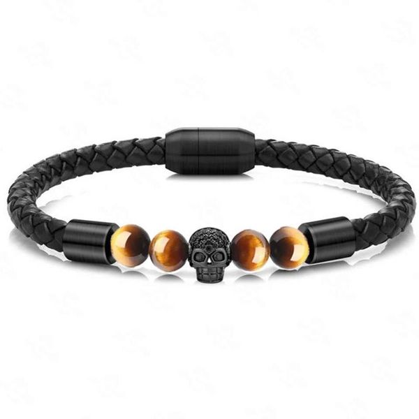 

beaded, strands natural gem stone bracelets for men womens genuine leather bracelet stainless steel magnetic buckle cz skull, Black