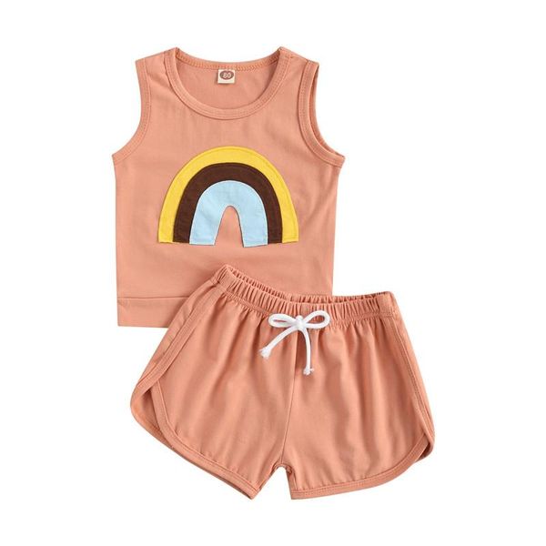 

2pcs fashion little girls outfits summer toddlers creative rainbow pattern round collar sleeveless vest + solid color shorts clothing se, White