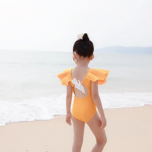 

0-5y summer sweet kids baby girls swimwear bikini ruffles bow sleeve swimsuit one-piece swimming bathing suit beach costume one-pieces, Black