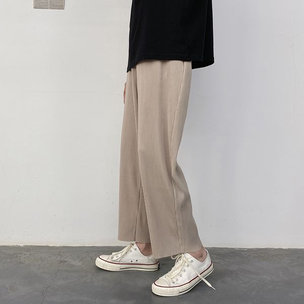 

men casual pants summer solid thin simple trendy loose leisure ankle-length ulzzang sweatpants elastic waist all-match male chic, Black