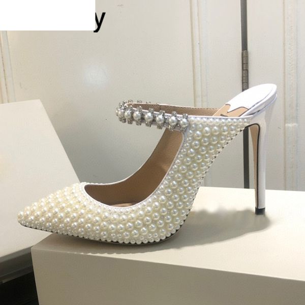 

sandals pearled high heels slippers women pointed toe shallow mouth string bead sandals runway pumps party dress fairy shoes, Black
