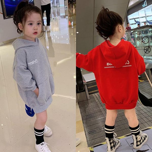 

girl's dresses girls fashion korean hooded sweater dress autumn kids letter print pocket casual princess 3-7 years children clothes, Red;yellow