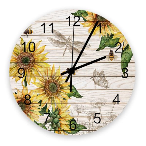 

wall clocks 30cm clock sunflower bee butterfly wood texture home quiet silent simple mute decorative living room watch