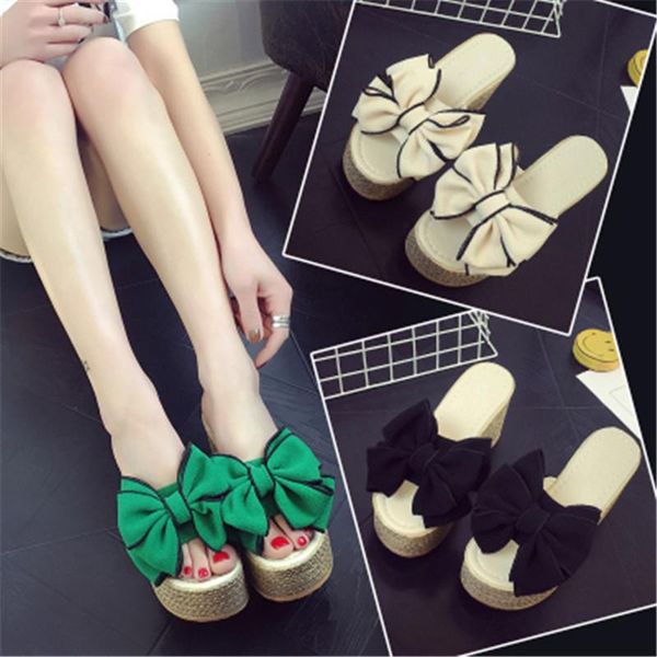 

slippers size 34-40 summer women wedge platform appliques butterfly-knot beach antiskid female sandals clog shoes slides, Black