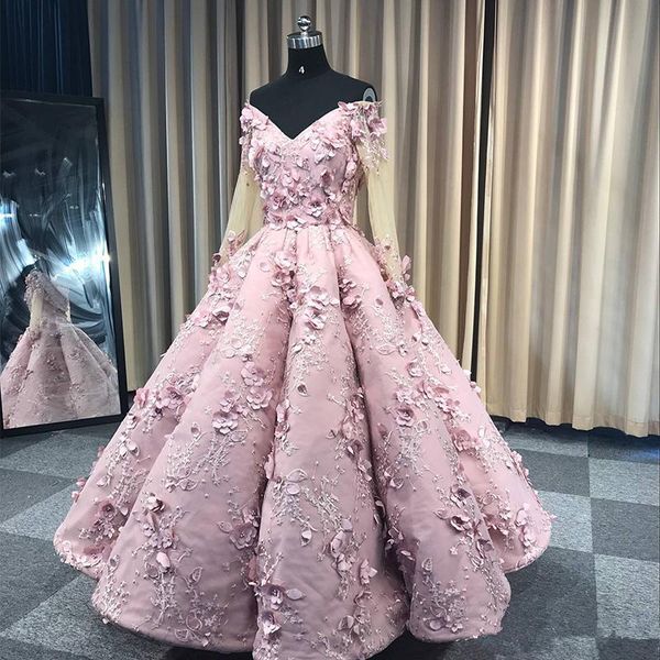

pink off shoulder prom dresses real image 3d floral appliqued beads long sleeve women occasion pageant evening gowns party, White;black