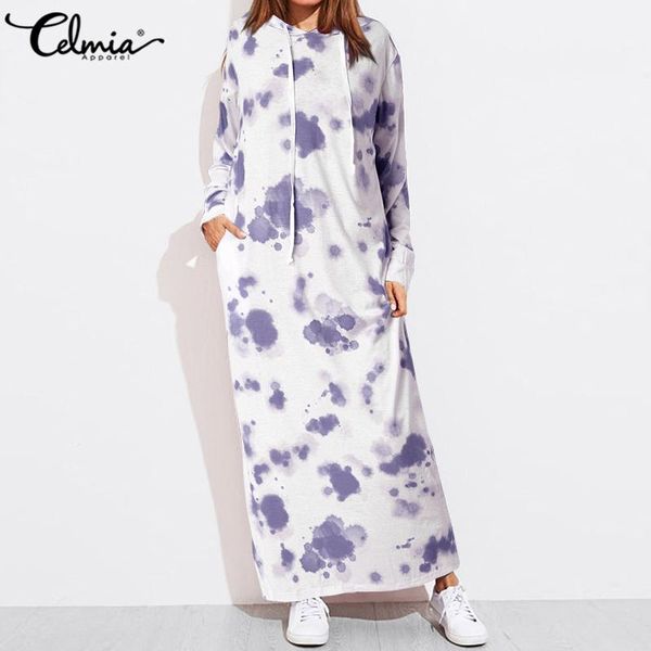 

celmia 2021 autumn women vintage ink tie-dye print hoodies maxi dress casual long sleeve hooded dresses vestidos robe 7, Black;gray