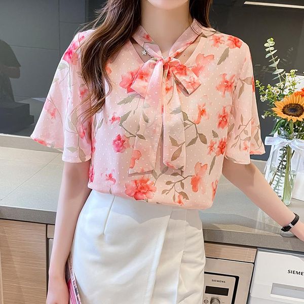 

women's blouses & shirts chiffon slim fashion short sleeve casual blouse flowers bow tie pullover shirt summer 30066, White