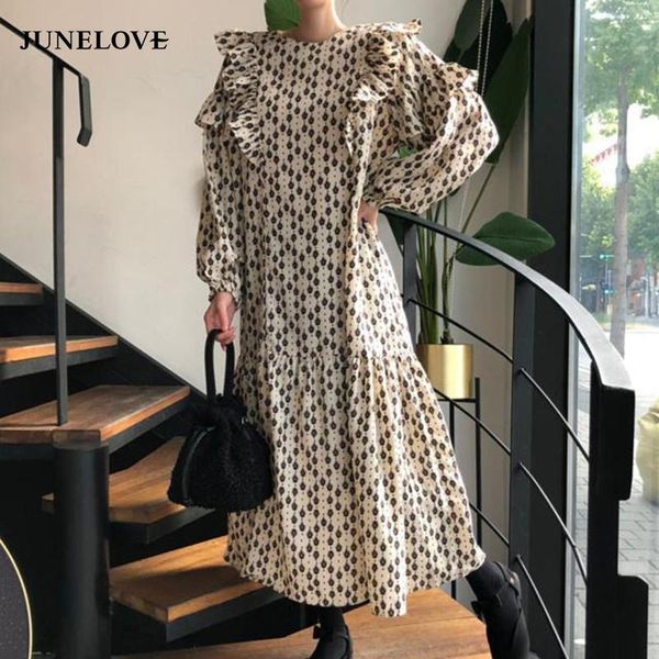 

junelove lady spring elegant print casual midi dress vintage long sleeve ruffles vestidos female chic o-neck high waist clothes dresses, Black;gray