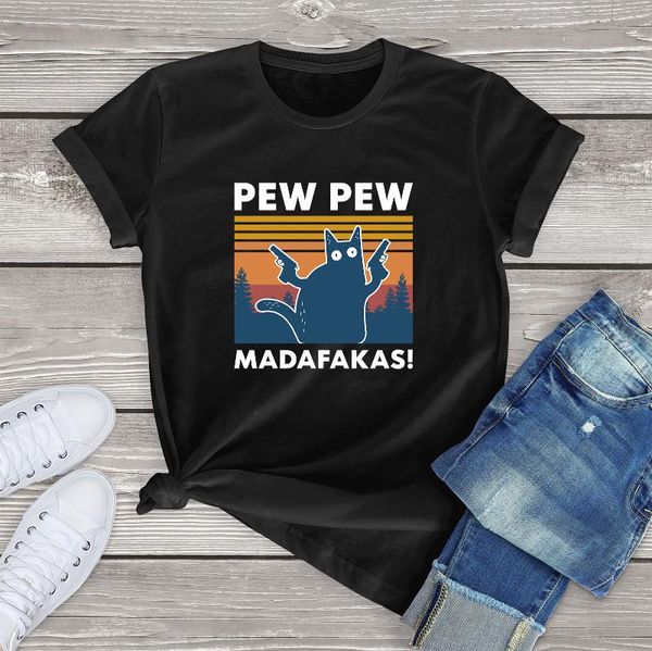 

women's t-shirt funny pew madafakas t shirt novelty cat vintage crew neck tshirt 100% cotton short sleeves, White