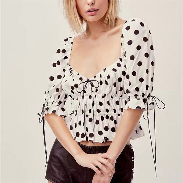 

summer female shirt casual dot print bow decoration short shirt 210430, White