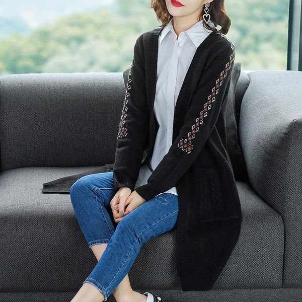 

women's sweaters brand cardigan 2021 spring fall women jacquard buttonless knit sweater fashion v-neck long outerware, White;black
