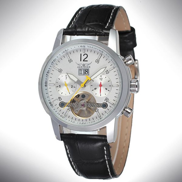 

jaragar fashion creative hollow design men mechanical clock calendar leather band, Slivery;brown