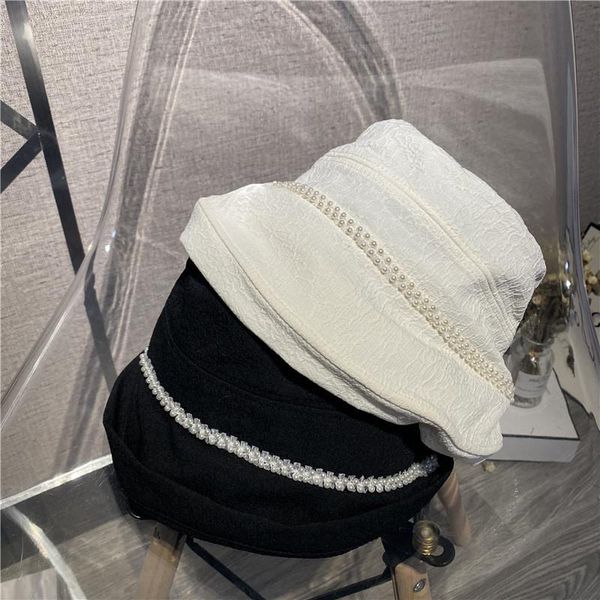

wide brim hats 202107-weimin superior quality pleated fabric pearl decoration lady bucket cap women leisure hat, Blue;gray