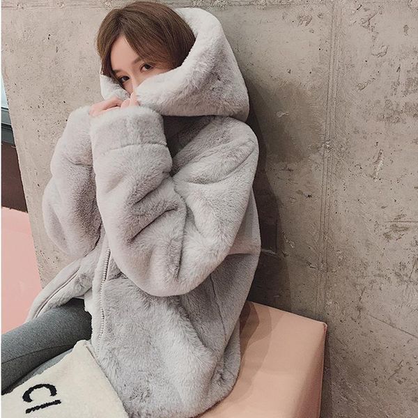 

women's fur & faux winter korean fashion loose coat women plush hooded solid color zipper jacket female thick warm c172, Black