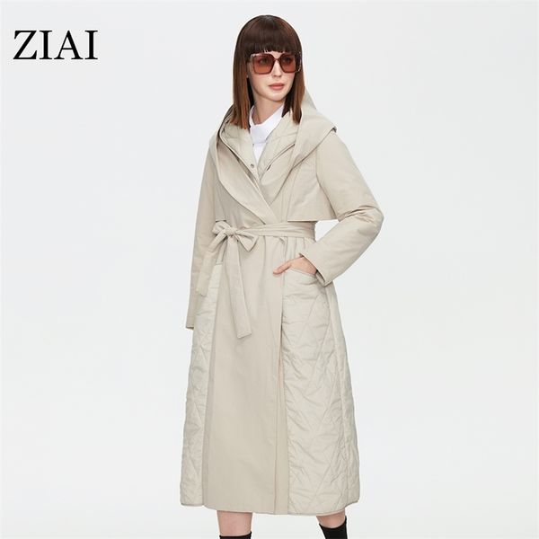 

ziai women autumn quilted jacket female long thin cotton trench coat hooded hidden button belt elegant windbreakers zm-7285 210913, Black