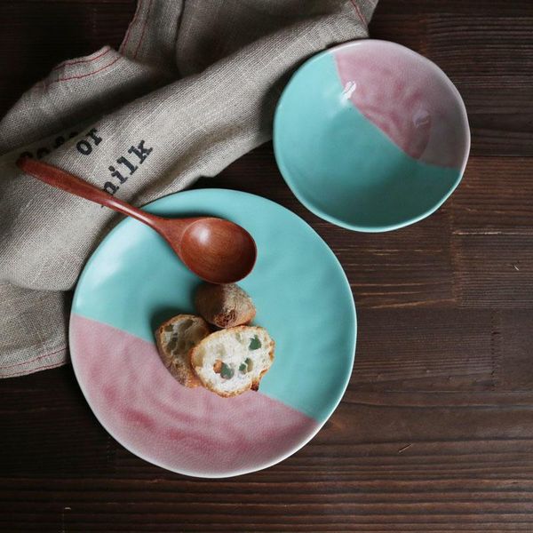 

bowls high temperature ceramic ice cracked glaze matte two-color splicing creative hand-held plate/small bowl
