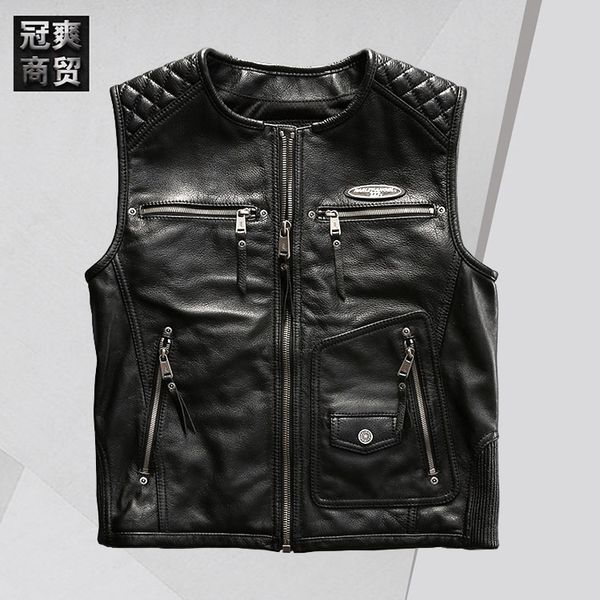 

fashion leather harley angel round neck cowhide vest men's straight rock locomotive, Black