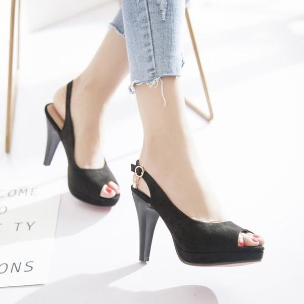 

oversized  11 12 high heels sandals women shoes woman summer ladies fish-mouth buckled high-heeled, Black