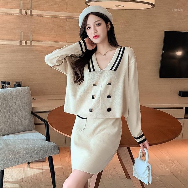 

women's tracksuits make small sweet wind knitting suit brief paragraph navy collar pullovers package hip skirt of tall waist a word two, Gray