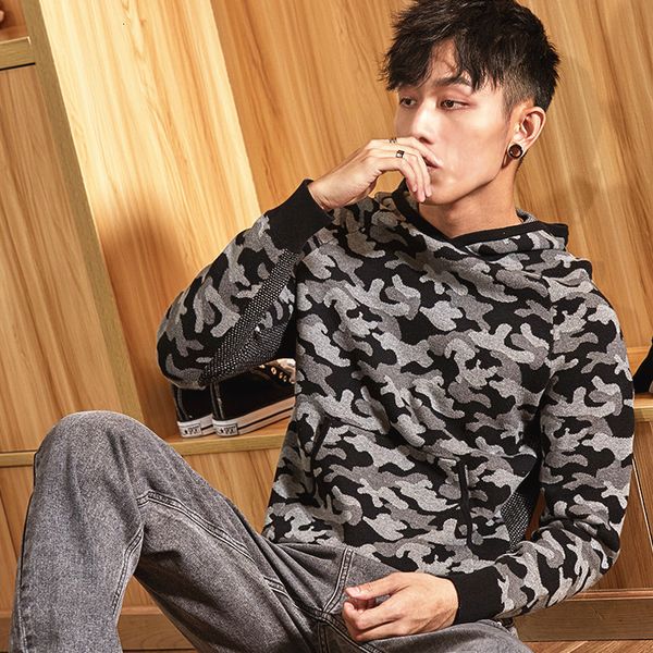 

sweater knit pusite trend men's outdoor camouflage hooded ted round neck pullover, White;black