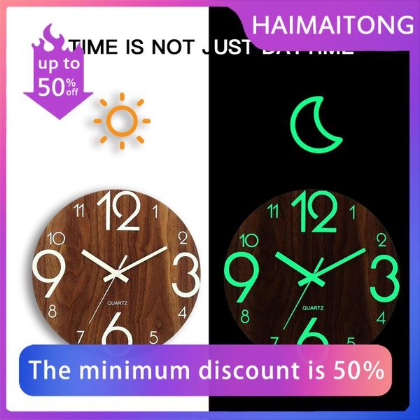 

desk & table clocks wooden wall clock luminous number hanging quiet dark glowing modern watches home decor christmas gift