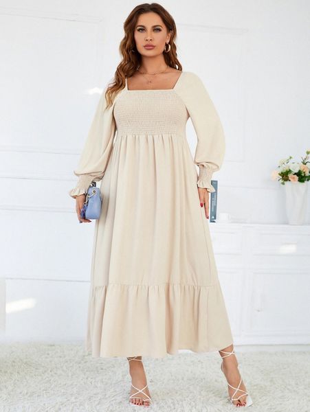 

plus square neck shirred flounce sleeve ruffle hem dress o32h#, Black