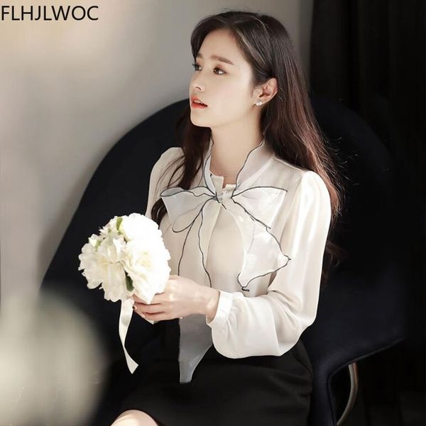 

women's blouses & shirts spring autumn basic wear bow tie blusas women fashion korea chic design cute sweet single breasted b, White