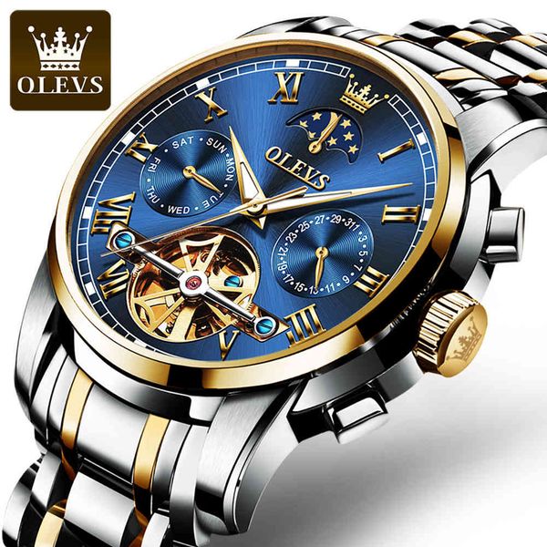 

olevs fire luxury gentlemen clock lighting waterproof seamless steel mechanical men date calendar company, Slivery;brown