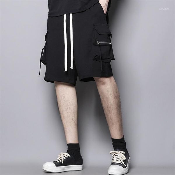 

men's shorts summer solid color elastic waist white strap fashion zipper pocket work trend casual, White;black