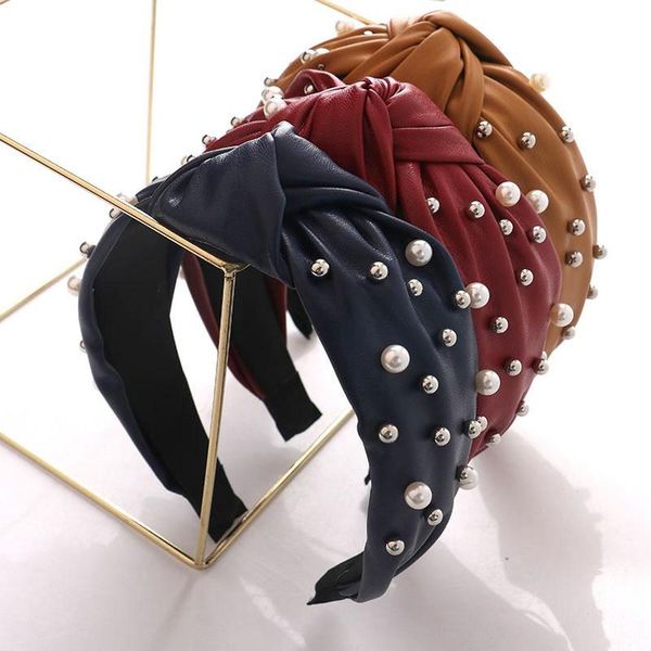 

genuine wind ins pearl hair band female knotted wide side pu leather headband all-match pleated headdress c3, Silver