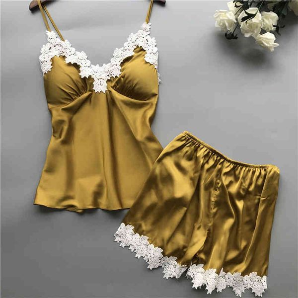 

designer set spring and summer simulation silk pajamas satin shorts home with bra suit, Black;white