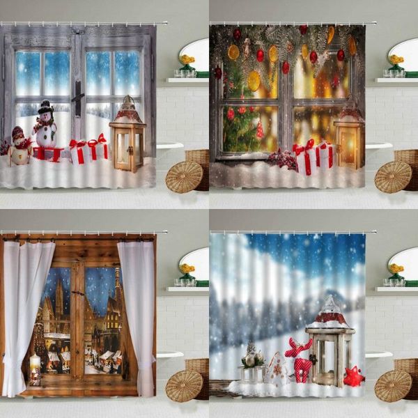

shower curtains xmas year window view curtain merry christmas snowman holiday gift winter snow scenery bathroom screen with hooks set