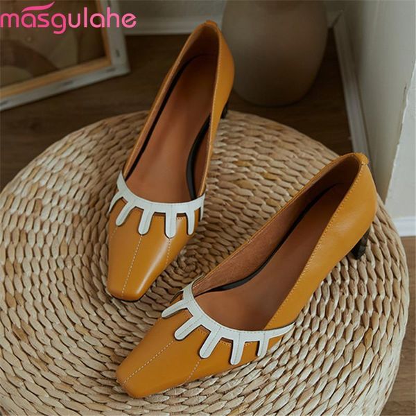 

dress shoes masgulahe 2021 arrival fashion women pumps genuine leather high heels square toe party black yellow