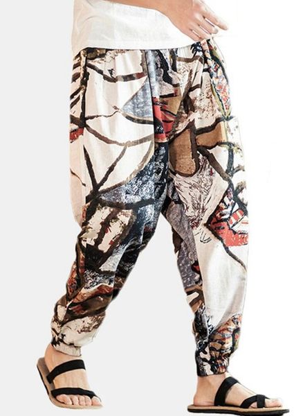 

men's pants 2021 cotton hemp ethnic graffiti printed harlan, Black