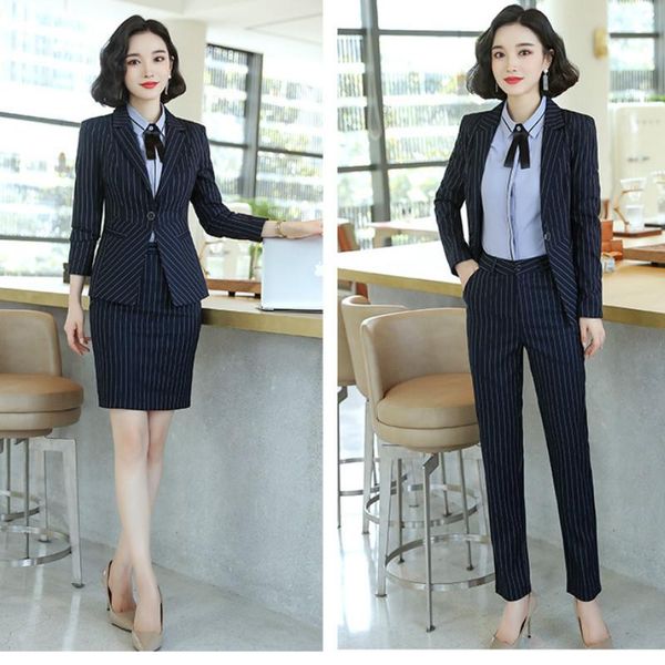 

autumn and winter women's suit casual slim large size striped blazer women trousers office two suits piece pants, White