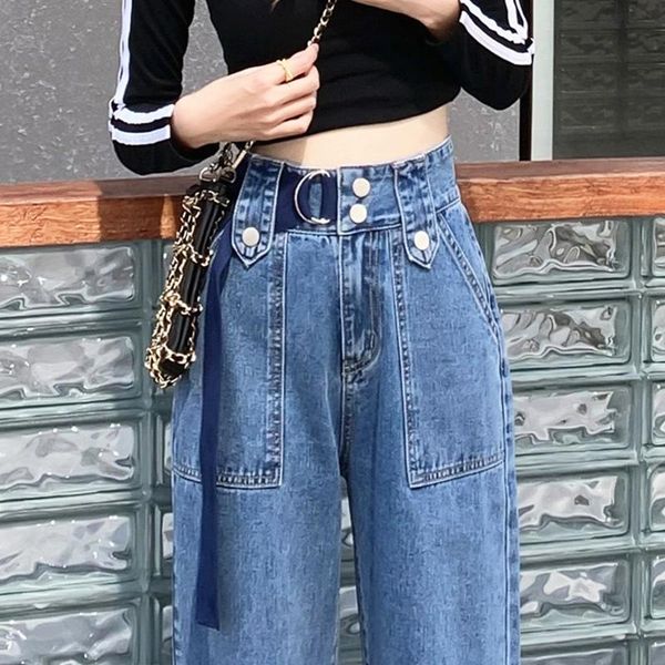 

women's jeans high-waist wide-leg hong kong style nice slim straight loose chic summer clothes tide, Blue