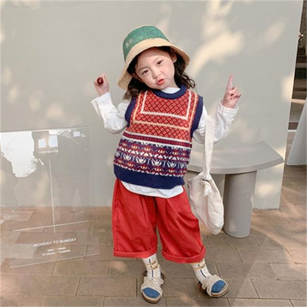 

pullover children's vest 2021 boys and girls retro sweater fashion round neck knitted trend, Blue