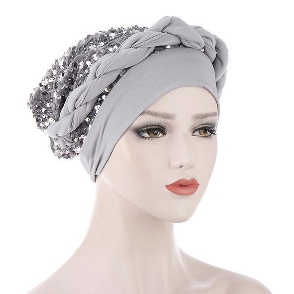 

beanie/skull caps exquisite baotou cap solid color stylish hedging muslim turban hat all-matched fashionable sequin braid, Blue;gray