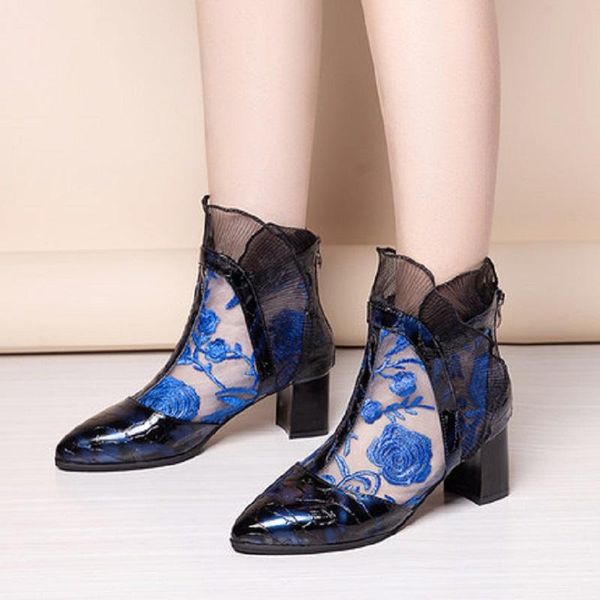 

boots european and american temperament high-heeled ladies summer fashion lace breathable embroidered short net, Black