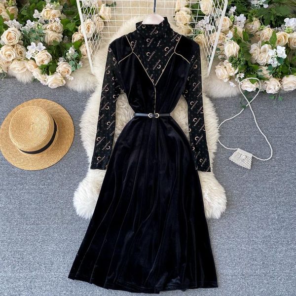 

casual dresses women's autumn and winter 2021 fashion printed long-sleeved slim velvet dress lady harajuku clothing vestidos q146, Black;gray