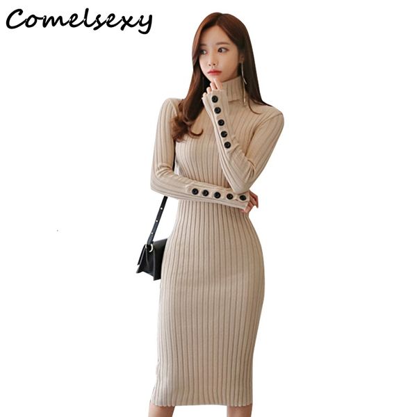 

comelautumn buttons turtleneck female knitted dress women stretch elastic skinny sweater dress casual long vestidos 210515, Black;gray