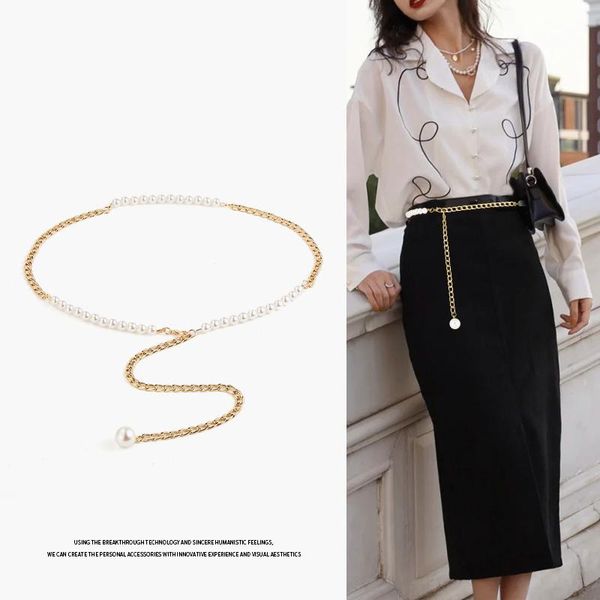 

belts women's original fashion designer pearl gold silver waist chain adjust body jewelry for jeans dress harajuku accessories, Black;brown