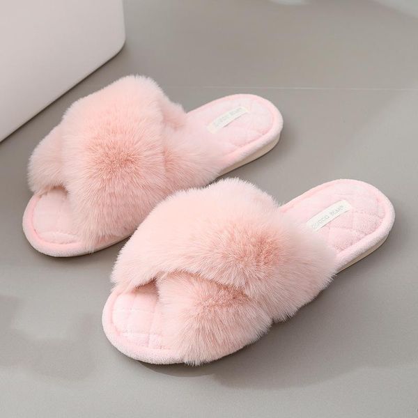 

women house slippers pink warm winter fur fluffy indoor bedroom fashion cross soft non slip home shoes for room, Black