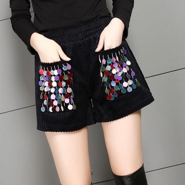 

winter fall fashion women sequins elastic high waisted black corduroy shorts , autumn lady woman wide leg colored glitter women's, White;black