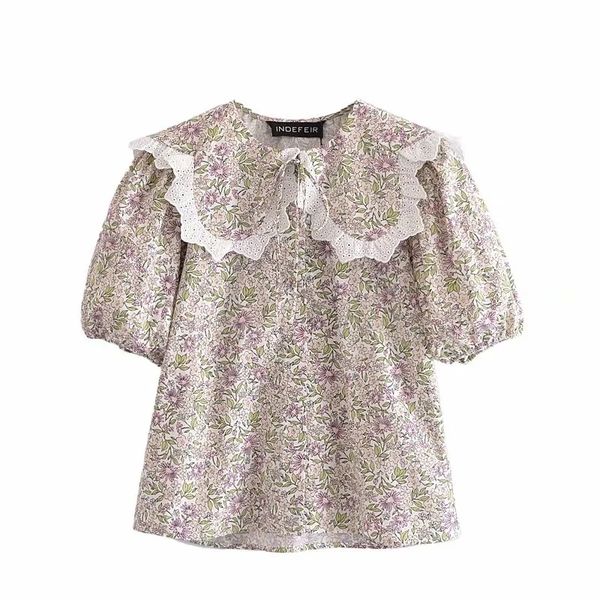 

elegant floral printed retro summer women shirt casual lace puff slim female blouse peter pan collar sweet 210521, White