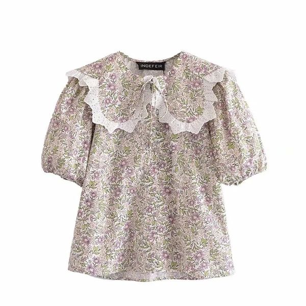 Elegante Blumen bedruckte Retro-Sommer-Frauen-Hemd-beiläufige Spitze-Puff-dünne weibliche Bluse Peter Pan-Kragen-süße Tops 210521